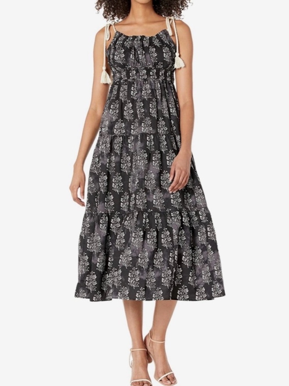 Moon River Shoulder Rope Tie Midi Summer Boho Dress Black Size Small